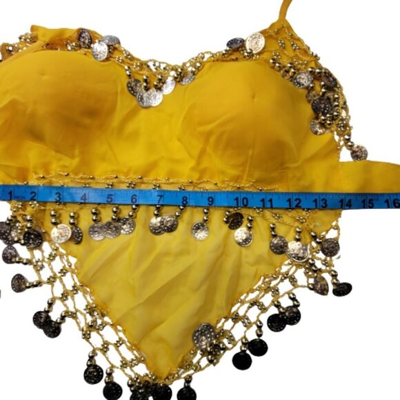 Yellow Belly Dancing Top Crocheted with Gold Beads Coins Halter Crop Top - Picture 7 of 7